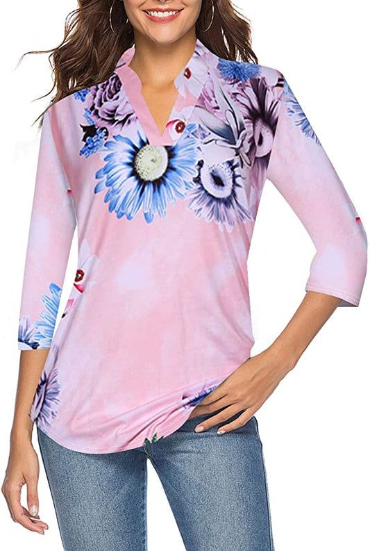 Blusa túnica feminina casual manga com decote em V camisa solta