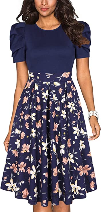 Vestido de festa casual feminino vintage manga bufante patchwork swing com bolsos