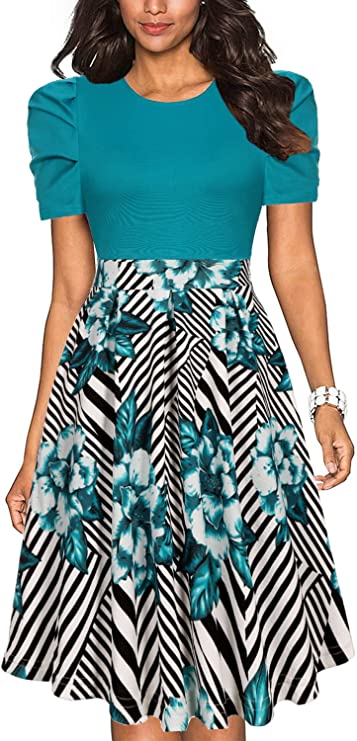 Vestido de festa casual feminino vintage manga bufante patchwork swing com bolsos