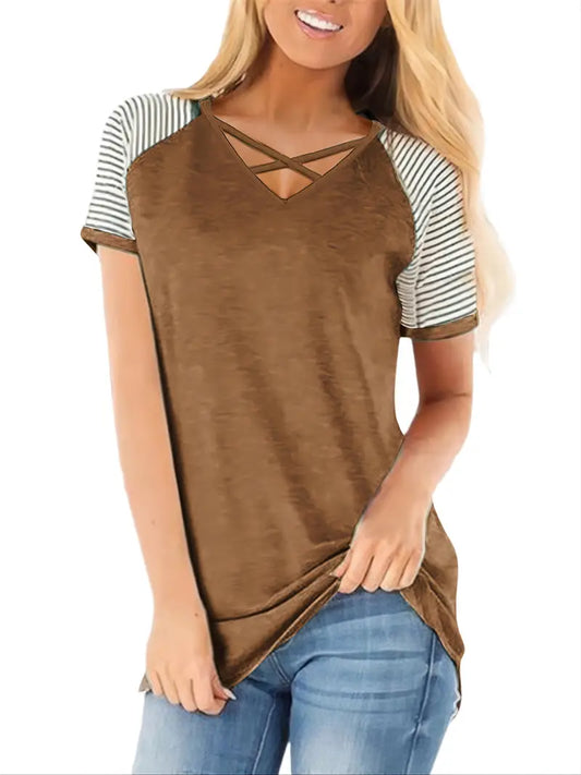 Camiseta solta casual com decote em V entrecruzado, manga curta