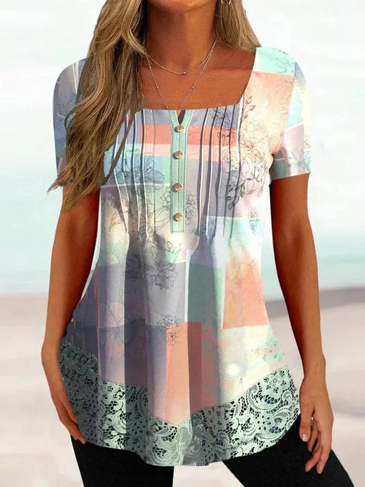 Camisa Solta Color Block de Renda