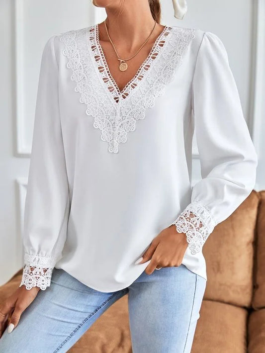 Blusa Casual Simples Decote em V Renda