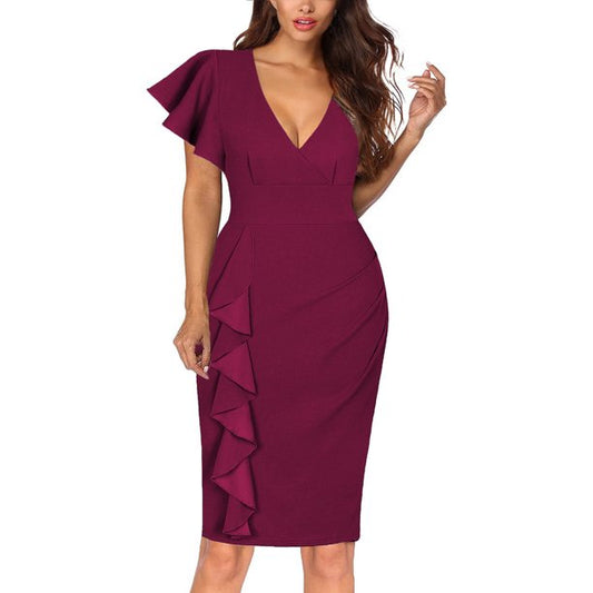 Vestido Coquetel Feminino Sexy Decote em V Profundo Babado Manga Curta