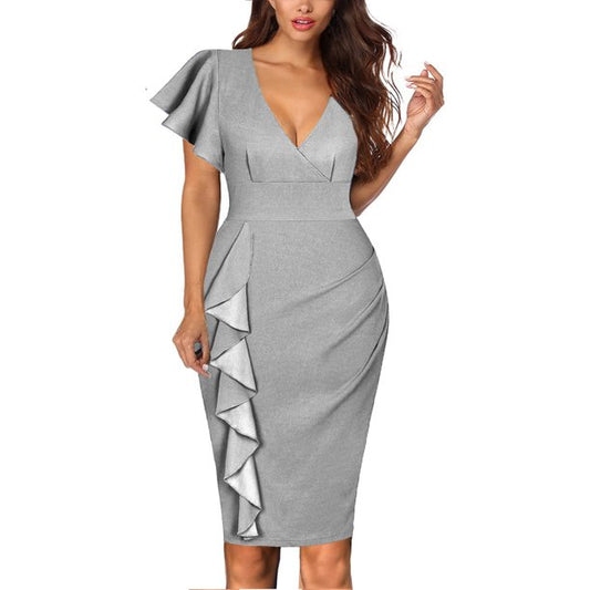 Vestido Coquetel Feminino Sexy Decote em V Profundo Babado Manga Curta