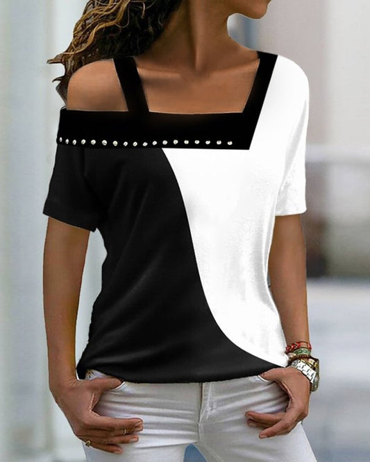 Blusa de ombro frio assimétrico Colorblock