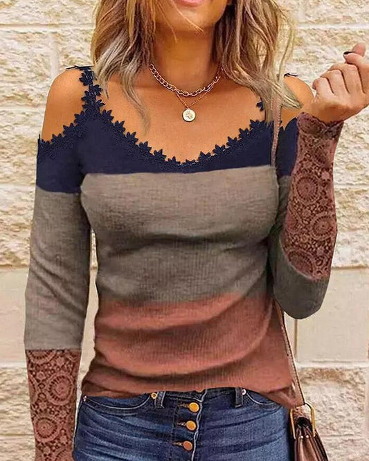 Blusa de ombro frio de renda contrastante colorblock