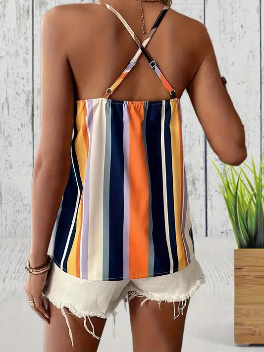 Blusa listrada, regata casual solta  sem mangas