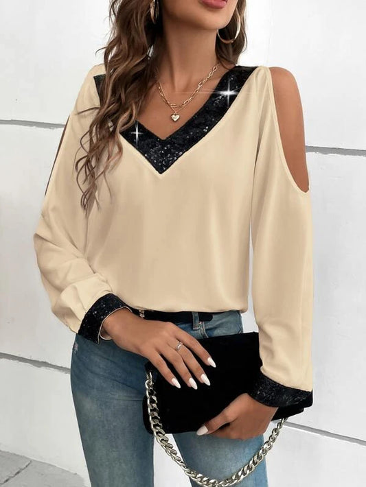 Blusa ombro frio com lantejoulas contrastantes