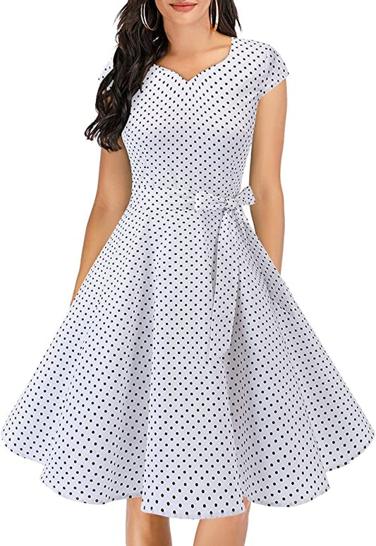 Vestido de chá vintage feminino com mangas curtas