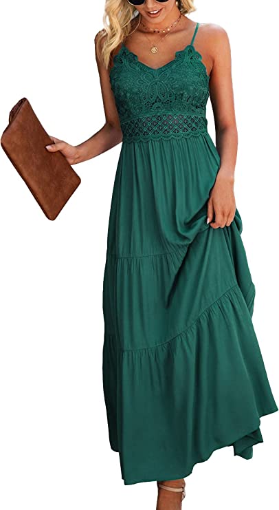 Vestido maxi de verão alças finas feminino de renda de crochê cor sólida longo