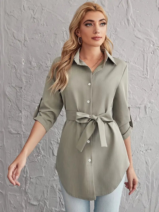 Blusas elegantes com cinto de lapela, decote em V liso casual manga longa com seio único