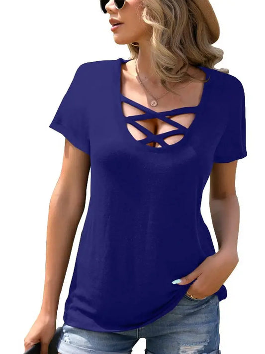 Camiseta feminina moderna de cor sólida, decote em V