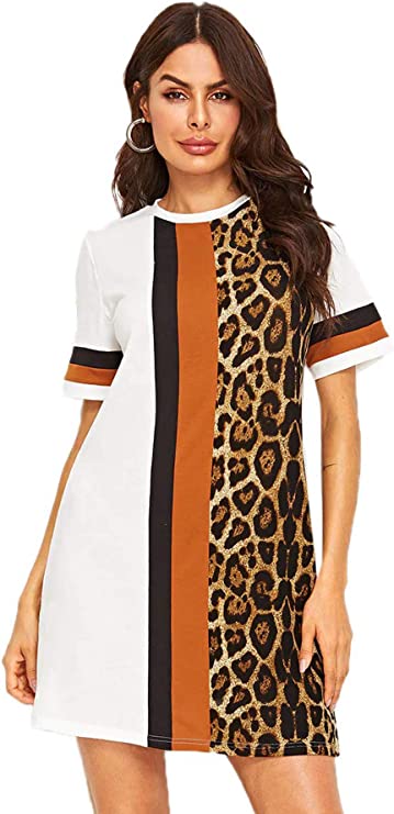 Vestido túnica feminina manga curta colorida com estampa de leopardo
