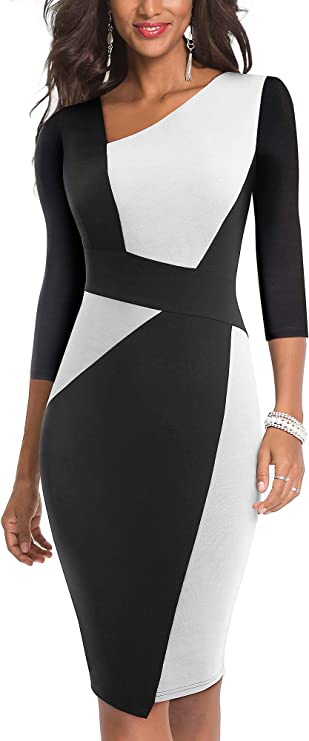 Vestido feminino vintage com retalhos de cor contrastante lápis de escritório para trabalho