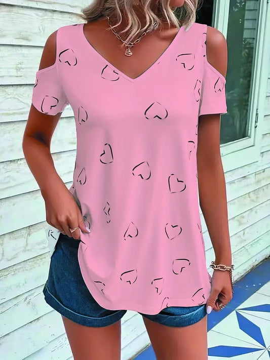 Camiseta de ombro frio com estampa de coração