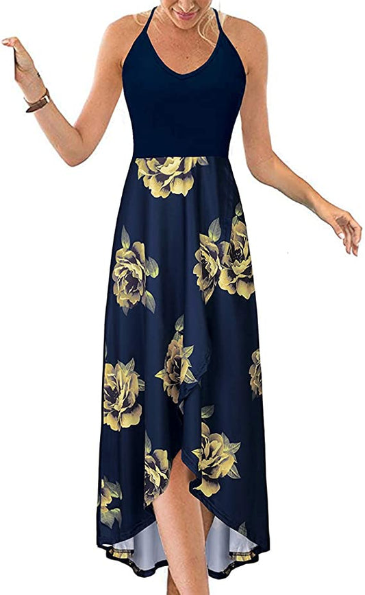 Vestidos de verão casuais com decote em V sem mangas florais patchwork assimétricos