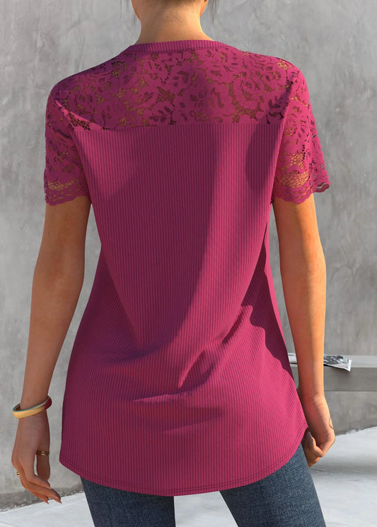 Blusa Rosa Vermelha Manga Curta Renda Patchwork