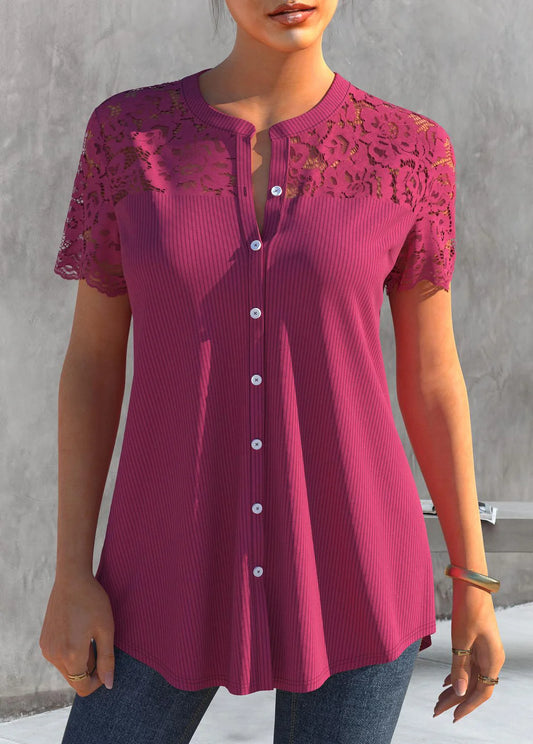 Blusa Rosa Vermelha Manga Curta Renda Patchwork