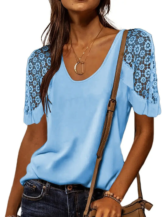 Camiseta de bainha com babados com costura de renda  de manga curta com gola redonda