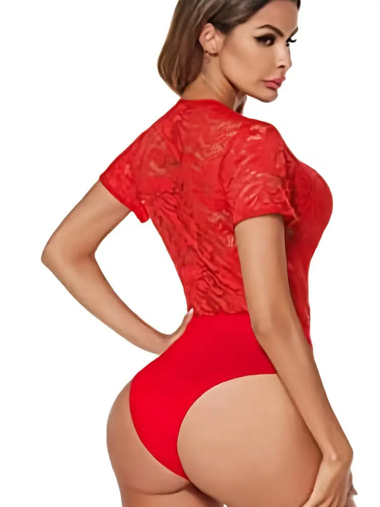 Body sexy e elástico de decote em V com costura de renda  de manga curta
