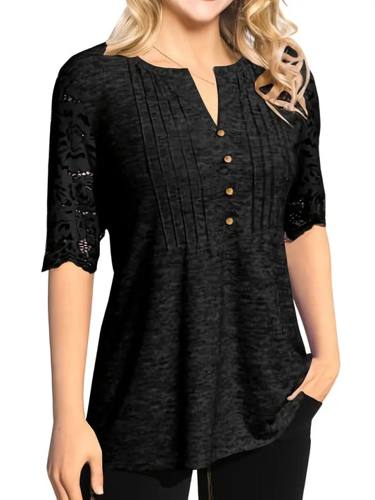 Camiseta de meio botão com acabamento em renda, camiseta lisa casual com decote redondo,