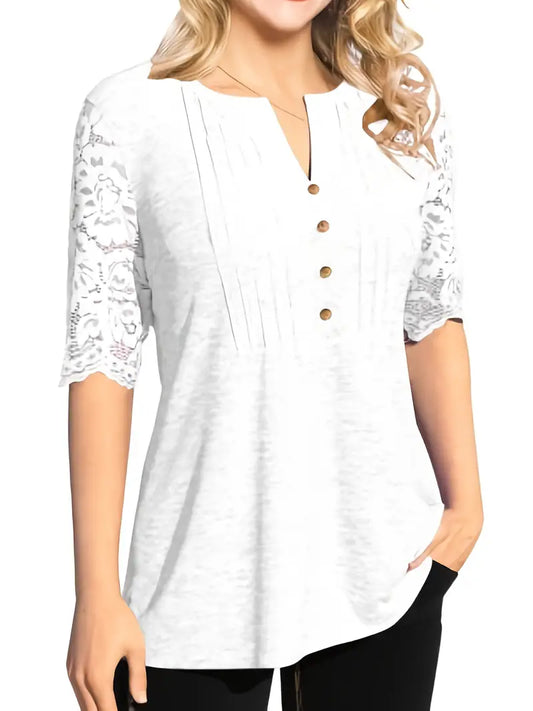Camiseta de meio botão com acabamento em renda, camiseta lisa casual com decote redondo,