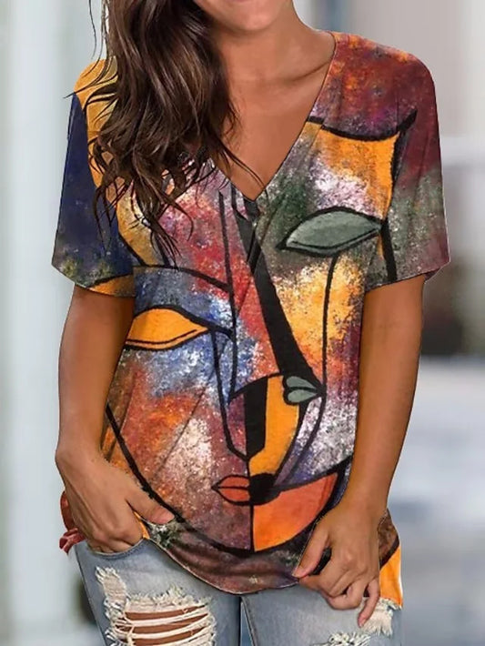 Camiseta solta casual abstrata com decote em V