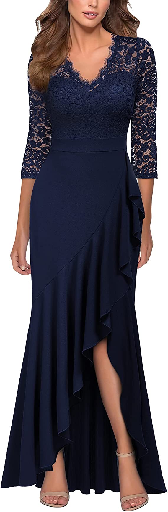 Vestido maxi feminino elegante com decote em V e babados