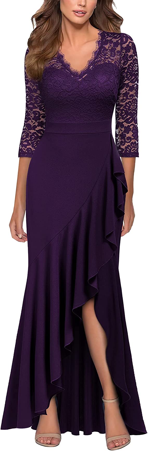 Vestido maxi feminino elegante com decote em V e babados