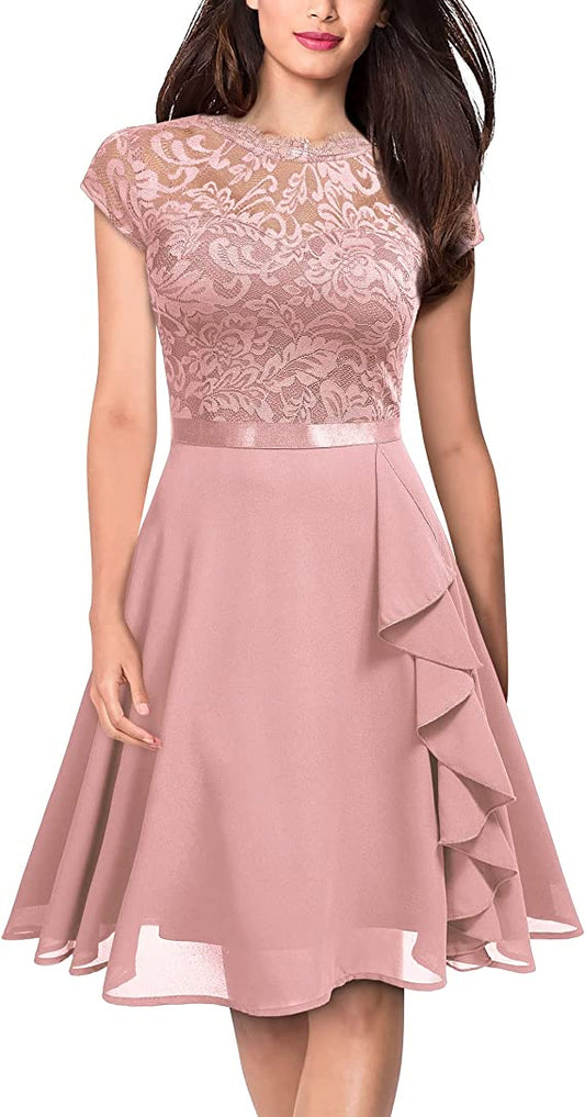 Vestido Vintage Renda Contraste Chiffon Ruffle Elegante S, M, L, XL,XXL