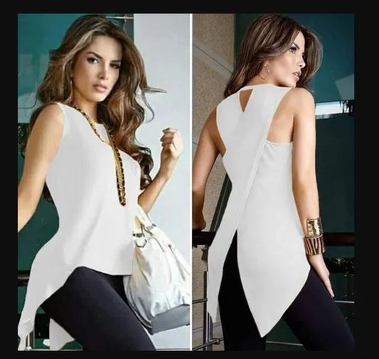 Blusa sem mangas, gola redonda, ajuste fino, irregular