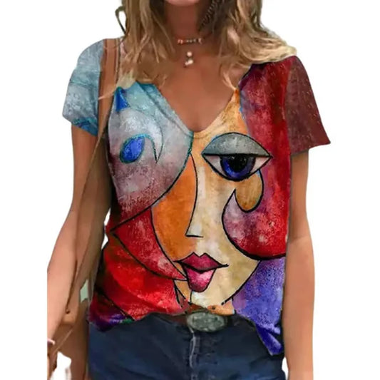 Camisete de manga curta com decote em V e figuras abstratas