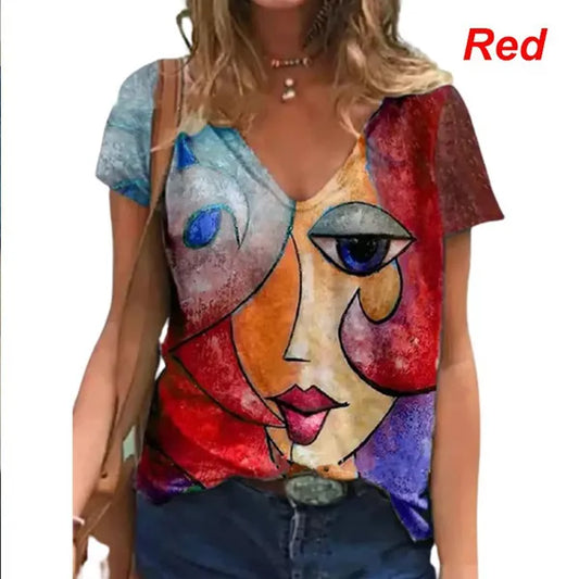 Camisete de manga curta com decote em V e figuras abstratas