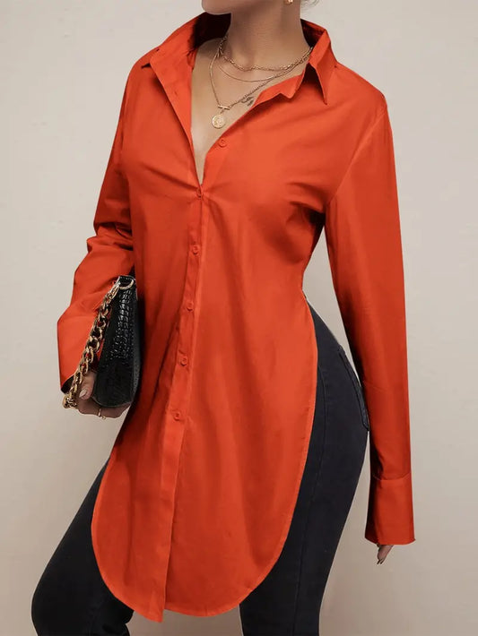 Blusas sexy com fenda, decote em V casual manga longa moda camisa longa solta