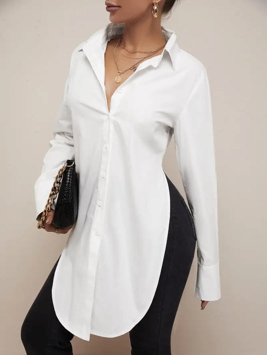 Blusas sexy com fenda, decote em V casual manga longa moda camisa longa solta