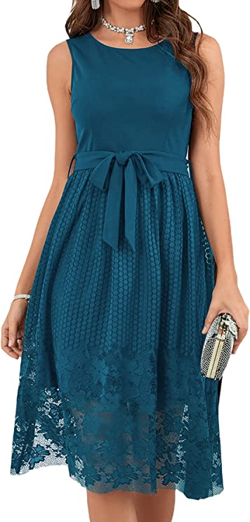 Vestido feminino elegante floral de renda  sem mangas com amarração na cintura