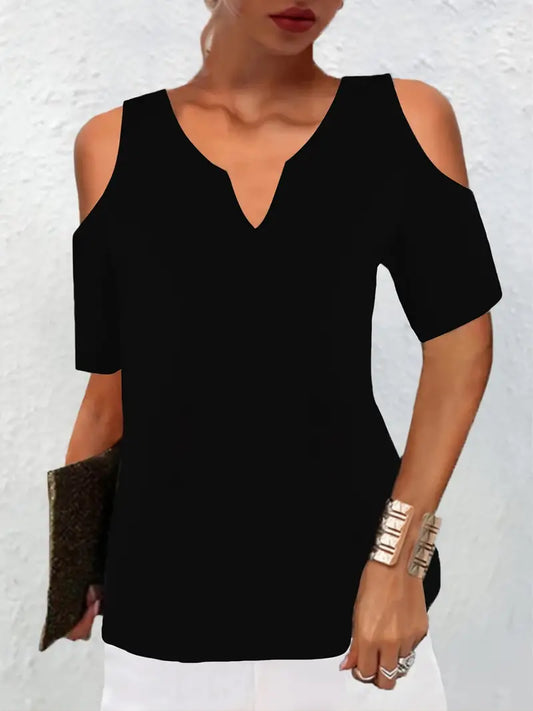 Camiseta lisa com decote em V casual estilosa de manga curta solta