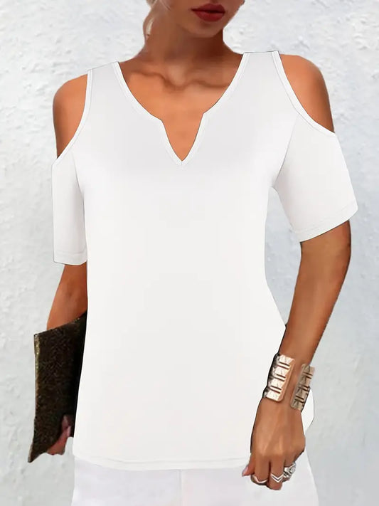 Camiseta lisa com decote em V casual estilosa de manga curta solta