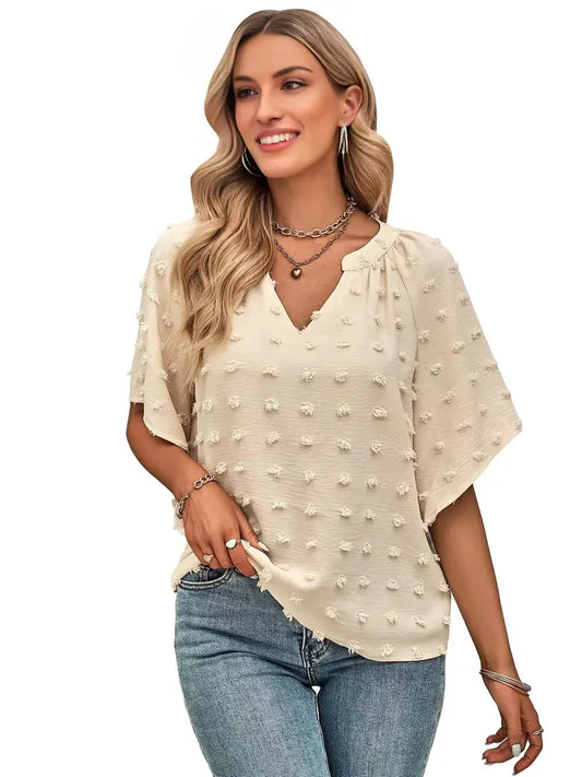 Camisa solta com decote em V e manga curta