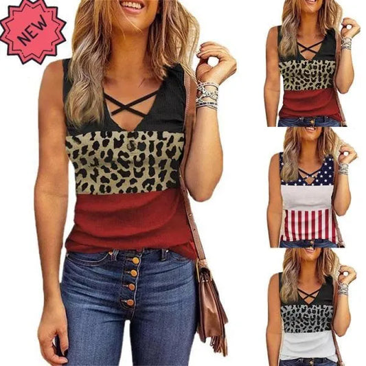 Blusa sem mangas com decote em V com estampa de leopardo