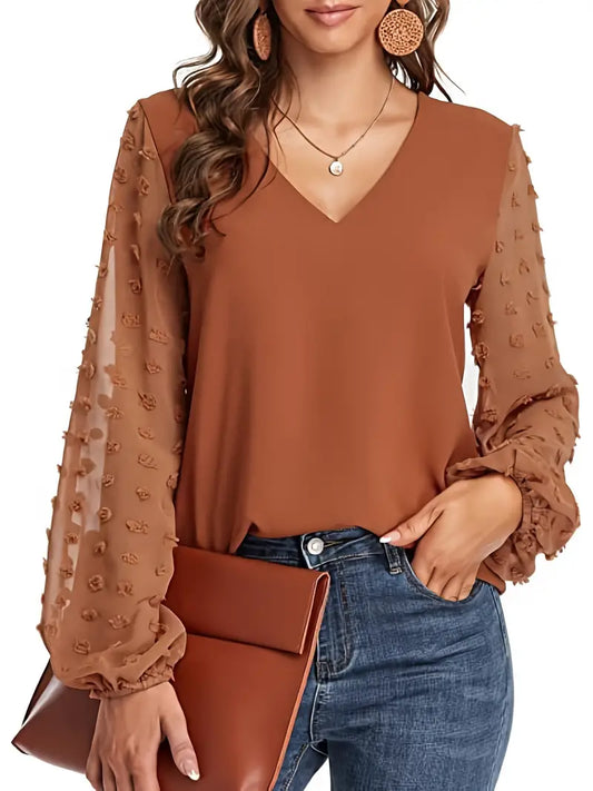 Camisa de manga com bolinhas suíças, camisa lisa casual com decote em V