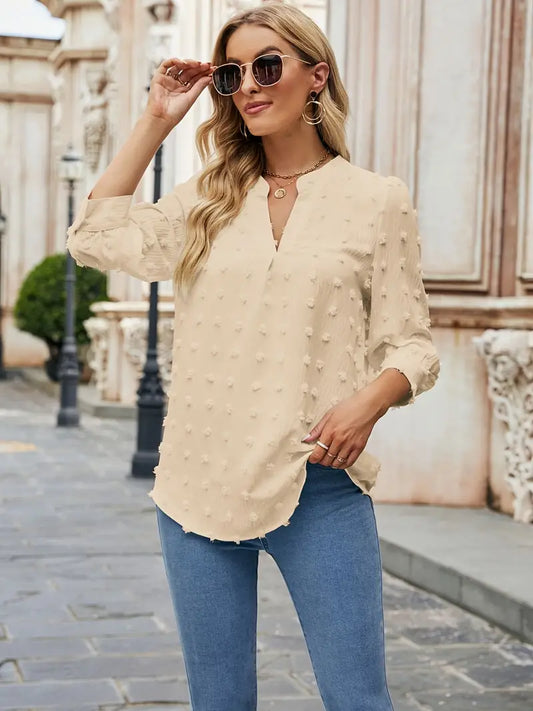 Blusa suíça com decote em V, elegante blusa lisa de meia manga