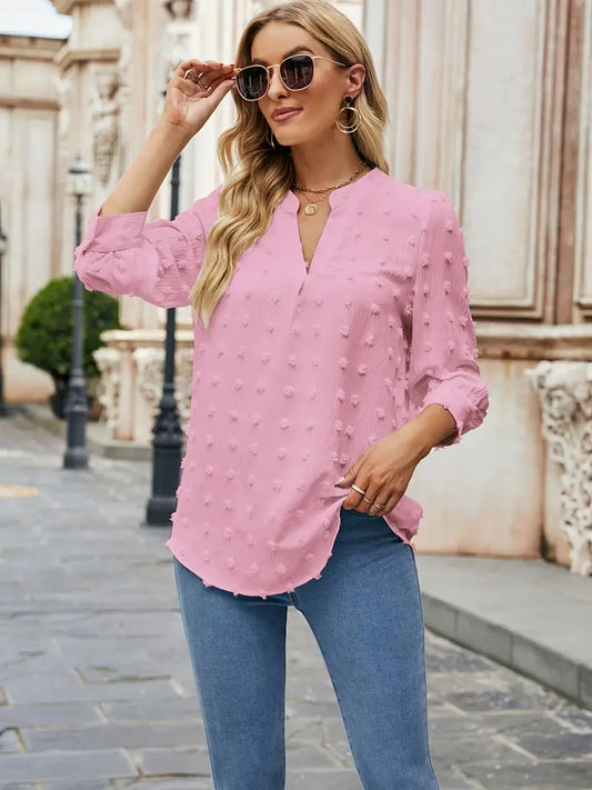 Blusa suíça com decote em V, elegante blusa lisa de meia manga