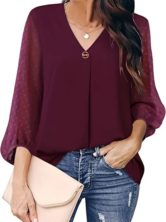Blusas soltas com decote em V, costura de malha casual ponto pompons 3-4