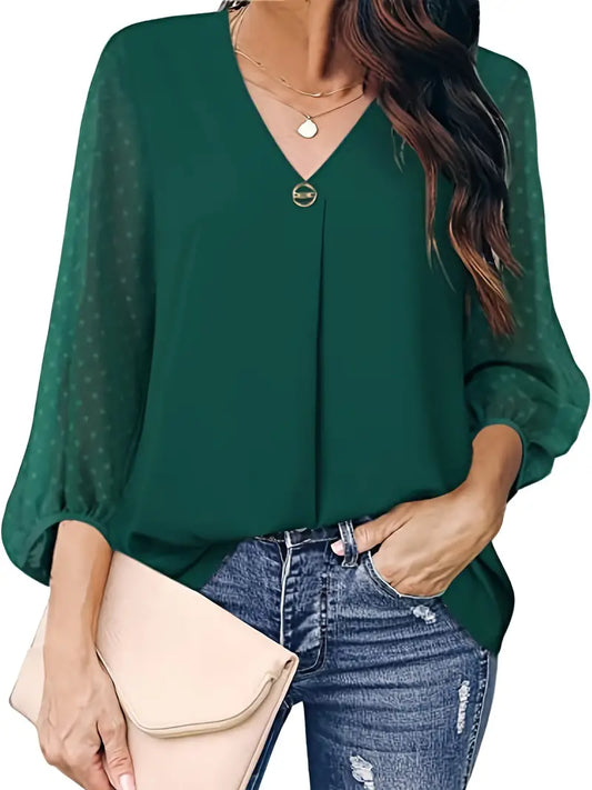 Blusas soltas com decote em V, costura de malha casual ponto pompons 3-4