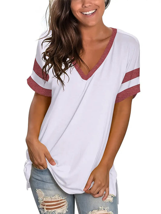 Camiseta solta com decote em V, blusa casual de manga curta