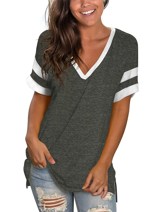 Camiseta solta com decote em V, blusa casual de manga curta