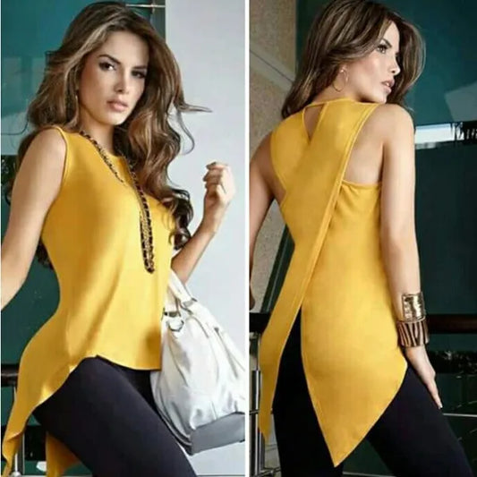Blusa sem mangas, gola redonda, ajuste fino, irregular