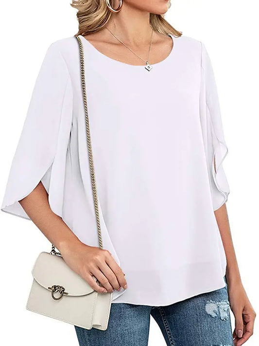 Blusa feminina casual babado solto manga 34 chiffon solto blusa sólida