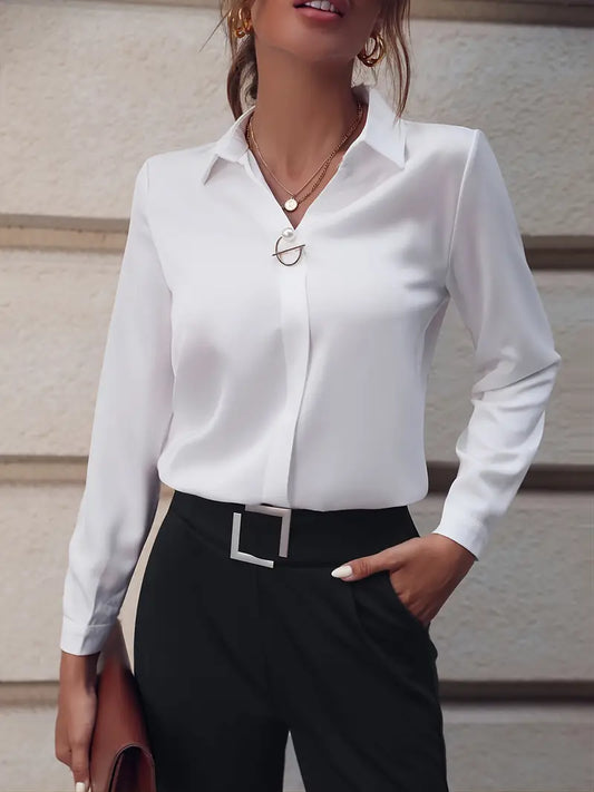 Blusa Feminina Elegante Sólida Botão de Lapela Manga Longa